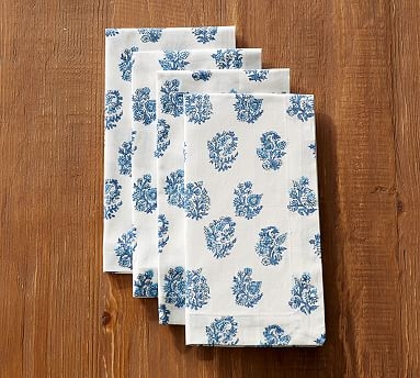 Sophia Floral Block Print Cotton Napkins, Set of 4 - Blue - Image 0