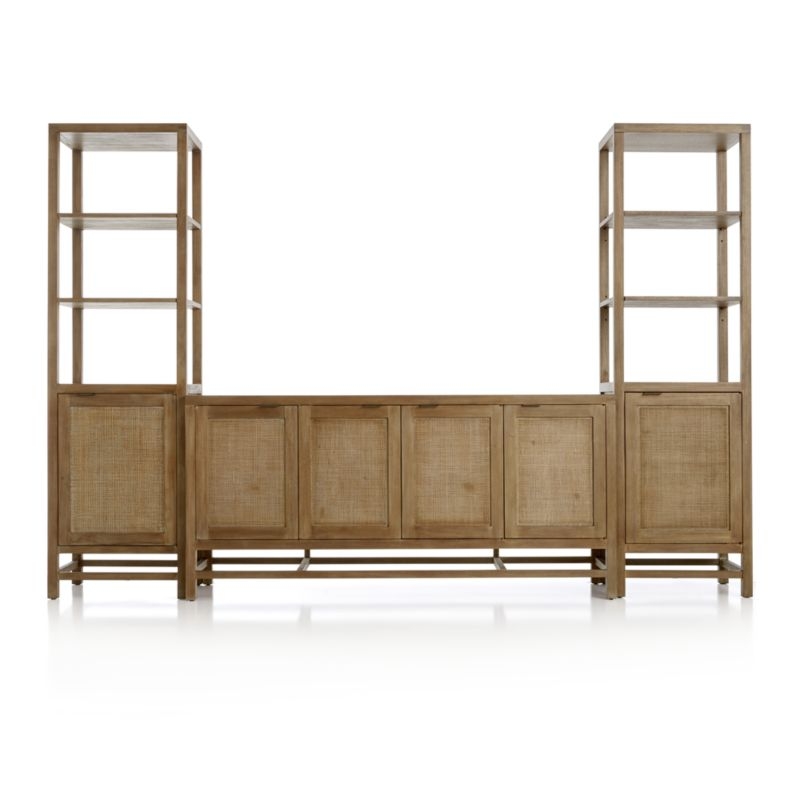 Blake 68" Light Brown Teak and Rattan Storage Media Console with 2 Tall Cabinets - Image 1
