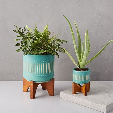 Mid-Century Turned Leg Tabletop Planter, Turquoise, Small - Image 1