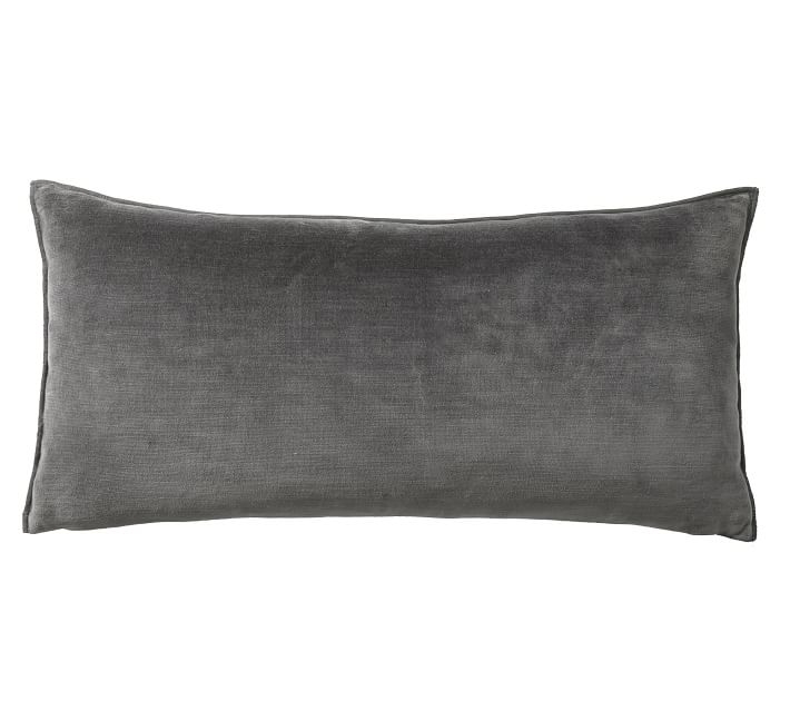 Washed Velvet Zip Lumbar Pillow Cover, 12 x 24", Ebony - Image 0