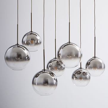Sculptural Glass 7-Light Linear Chandelier, S-M Globe, Silver Ombre Shade, Bronze Canopy - Image 2