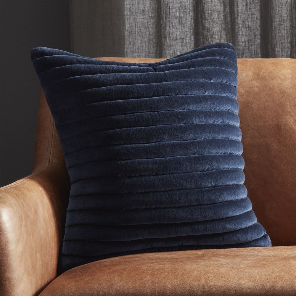"18"" Channeled Navy Velvet Pillow with Feather-Down Insert" - Image 0