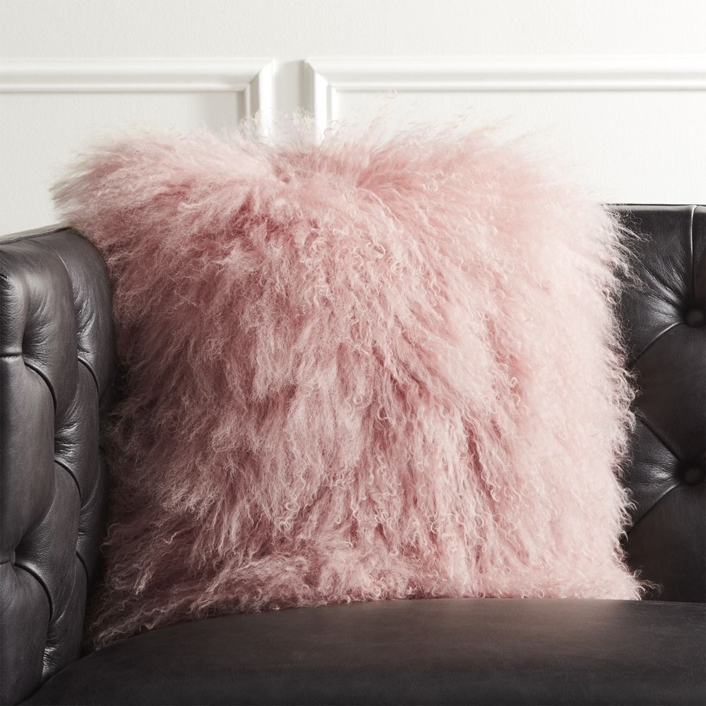 "16"" Mongolian Sheepskin Pink Fur Pillow with Feather-Down Insert" - Image 0