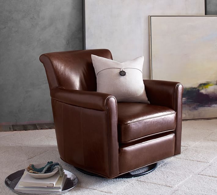 Irving Roll Arm Leather Swivel Glider, Polyester Wrapped Cushions, Statesville Molasses - Image 3