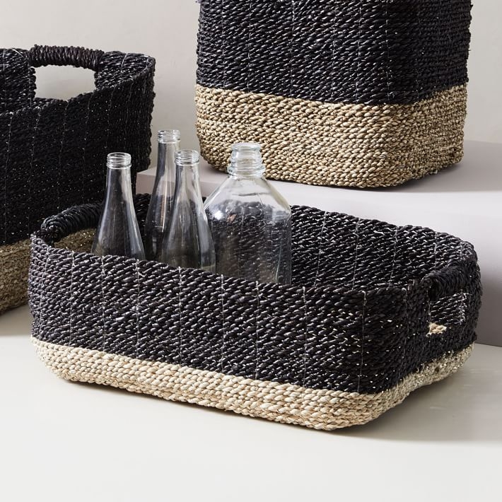 Two-Tone Woven Storage Basket, Black/Tan Underbed - Image 1