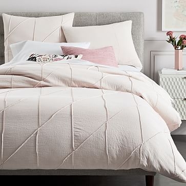 Organic Pleated Grid Duvet Cover, QUEEN, Pink Blush - Image 0