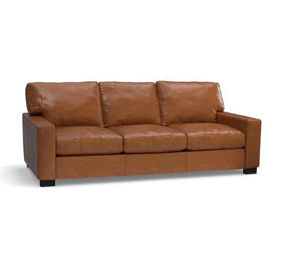 Turner Square Arm Leather Sofa 85.5", Down Blend Wrapped Cushions, Statesville Molasses - Image 3