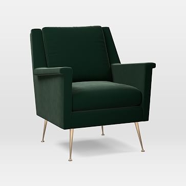 Carlo Mid-Century Chair, Astor Velvet, Evergreen, Brass - Image 1