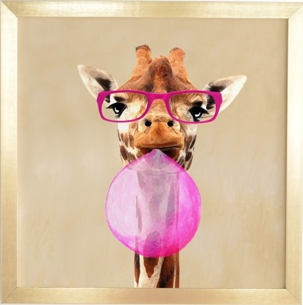 CLEVER GIRAFFE WITH BUBBLEGUM - Gold Frame - 20 x 20 - Image 0