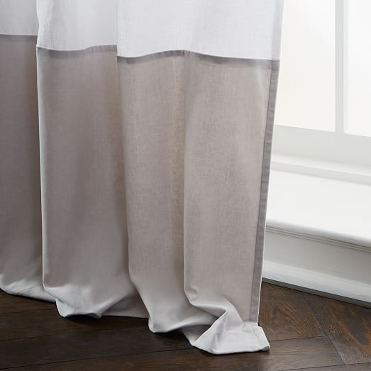 Belgian Flax Linen Velvet Colorblock Curtain - White/Frost - Image 1