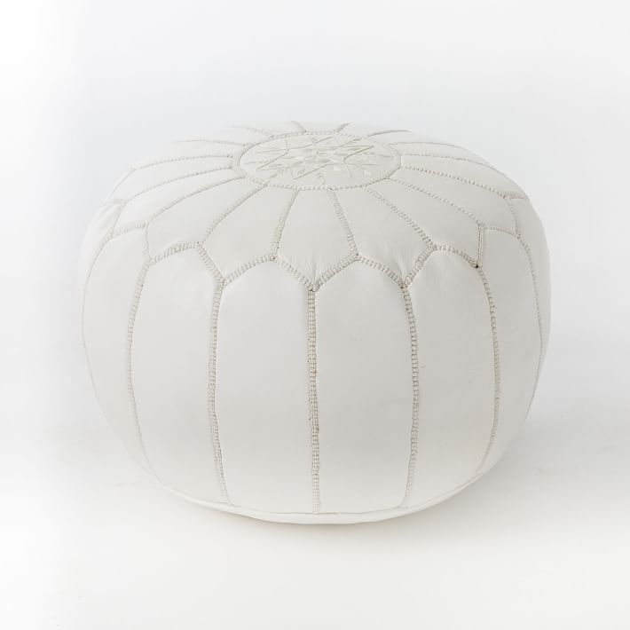 Leather Moroccan Pouf, White - Image 0