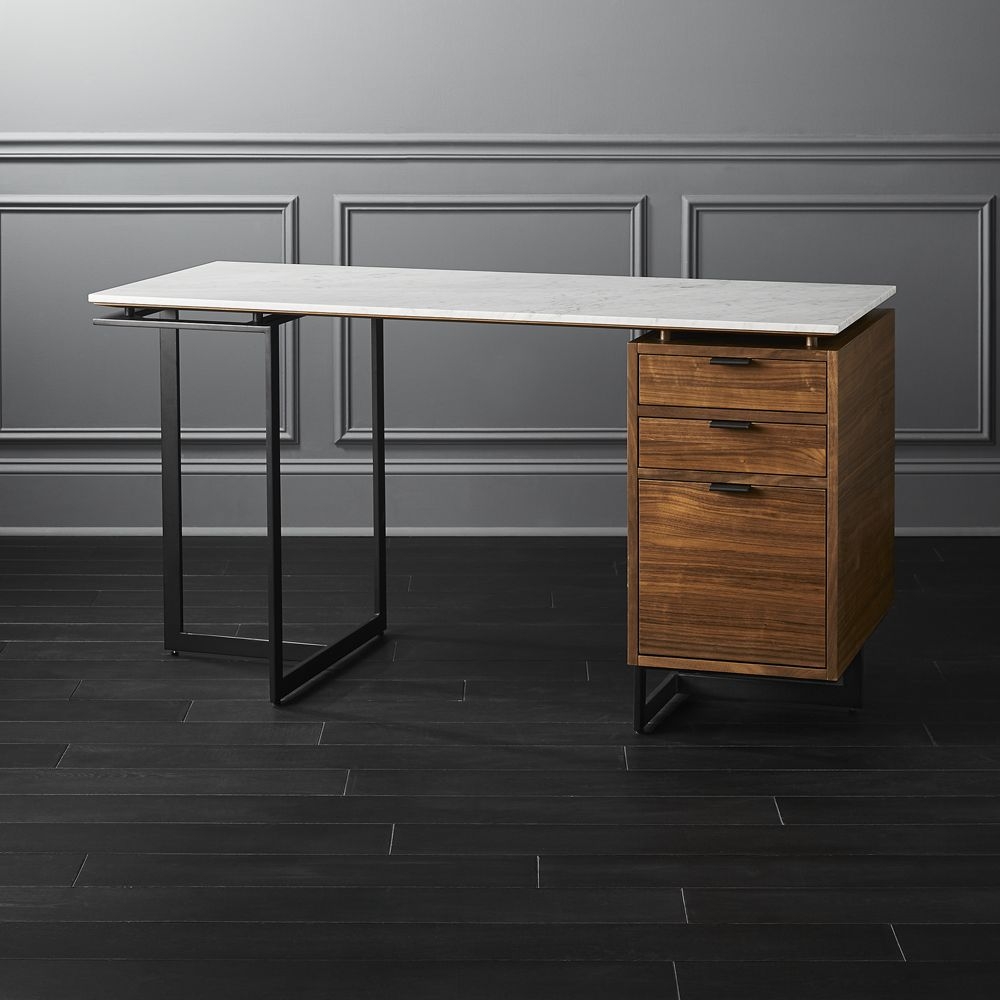 Fullerton 3-Drawer Metal and Walnut Wood Desk with White Marble Top - Image 0