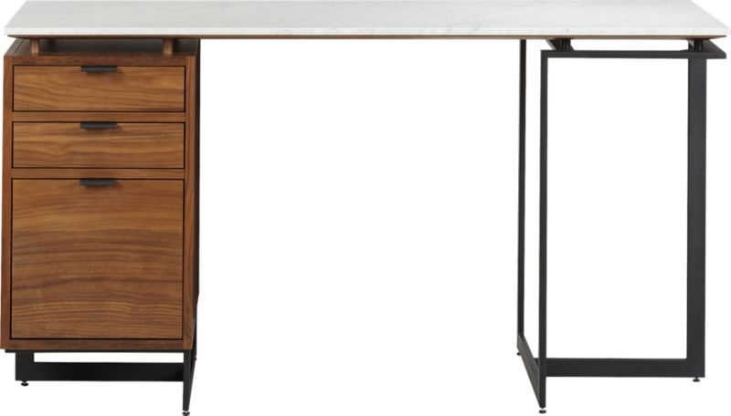 Fullerton 3-Drawer Metal and Walnut Wood Desk with White Marble Top - Image 2