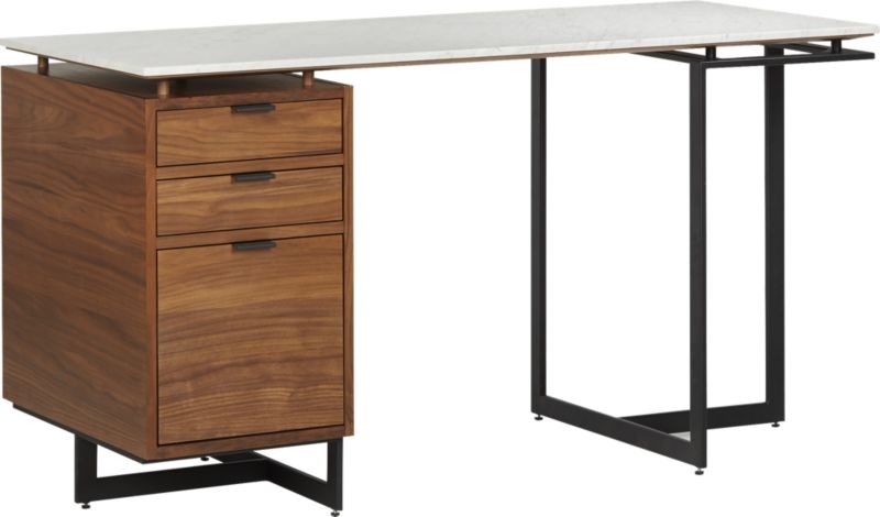 Fullerton 3-Drawer Metal and Walnut Wood Desk with White Marble Top - Image 3