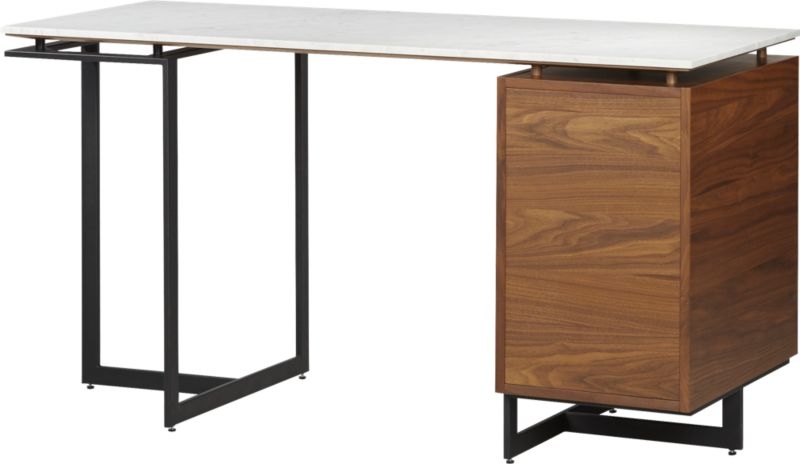 Fullerton 3-Drawer Metal and Walnut Wood Desk with White Marble Top - Image 5