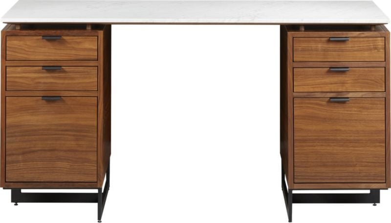 Fullerton 6-Drawer Walnut Wood Desk with White Marble Top - Image 0