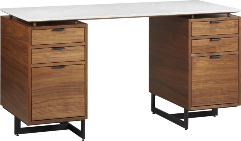 Fullerton 6-Drawer Walnut Wood Desk with White Marble Top - Image 2