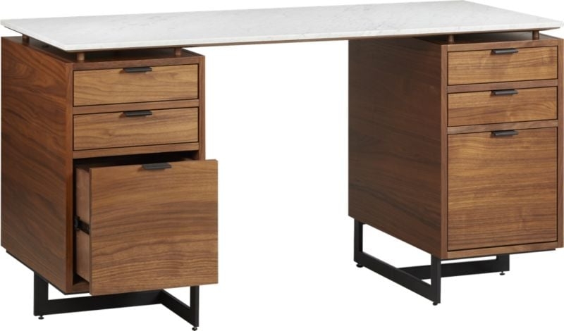 Fullerton 6-Drawer Walnut Wood Desk with White Marble Top - Image 3