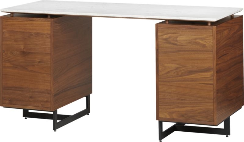 Fullerton 6-Drawer Walnut Wood Desk with White Marble Top - Image 1