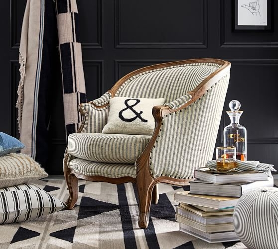 The Emily & Meritt Bergere Upholstered Armchair, Vintage Stripe Black/Ivory - Image 2