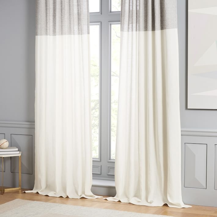 Belgian Linen Contrast Stripe Curtain, Stone White/Slate, 48"X84" - Image 0