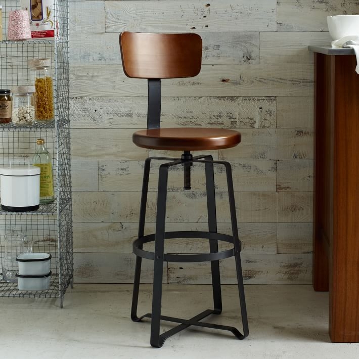 Adjustable Industrial Counter Stool With Back, Solid Wood, Natural/Raw Steel - Image 2