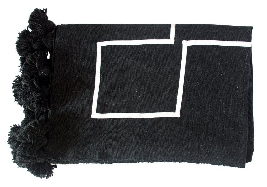 Moroccan Pom-Pom Blanket,  White on Black - Image 0