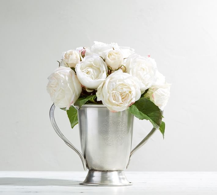 FAUX COMPOSED ROSES IN SILVER VASE - Image 0