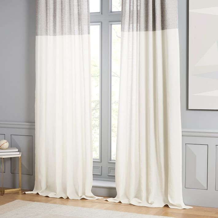 Belgian Linen Contrast Stripe Curtain, Stone White/Slate, 48"X96" - Image 0