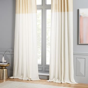 Belgian Linen Contrast Stripe Curtain, Stone White/Horseradish, 48"x108" - Image 0