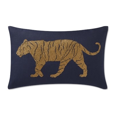 Tiger Zardozi Lumbar Pillow, 14" X 22", Navy - Image 0