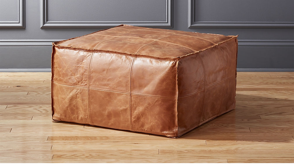 Medium Square Brown Leather Ottoman Pouf - Image 1