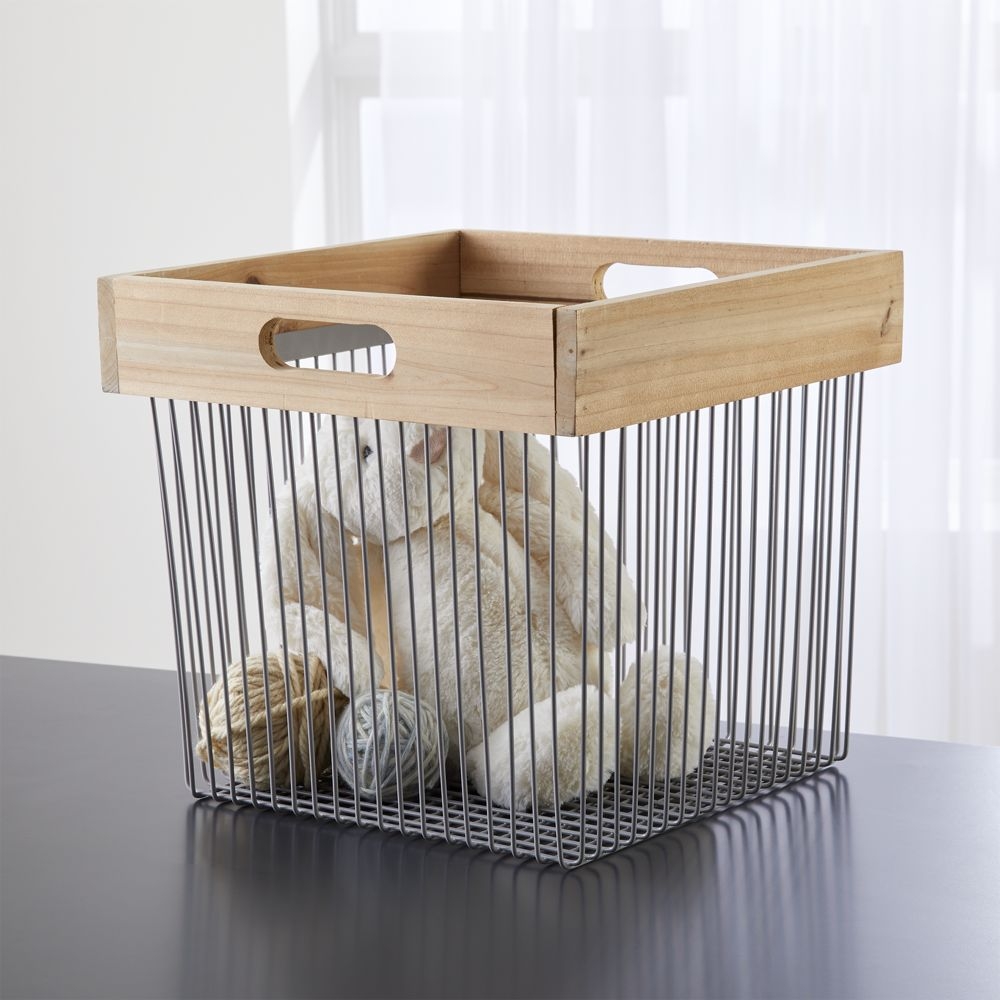 Wood and Wire Grey Cube Bin - Image 0