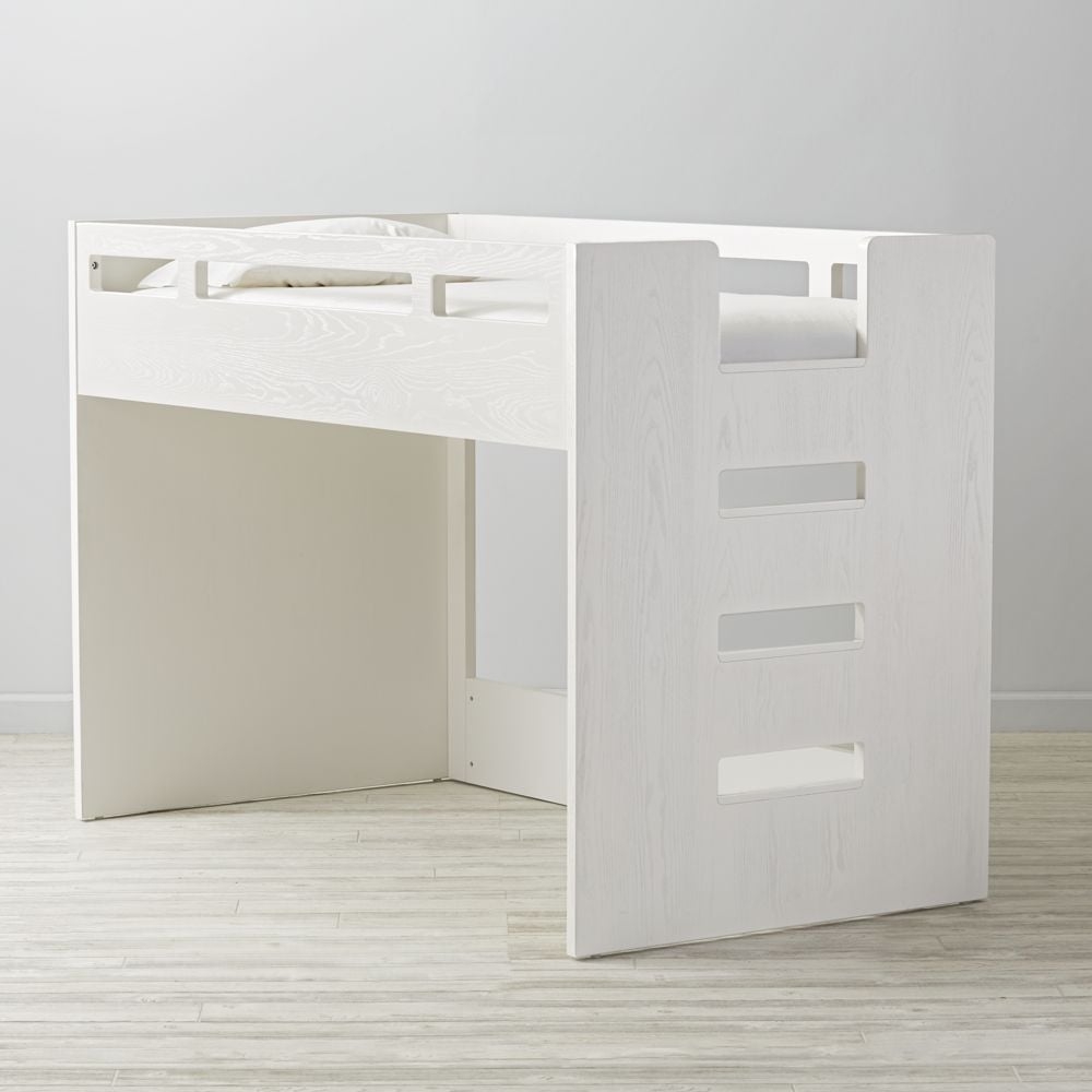 Abridged White Glaze Wood Low Kids Twin Loft Bed with Right Ladder - Image 0