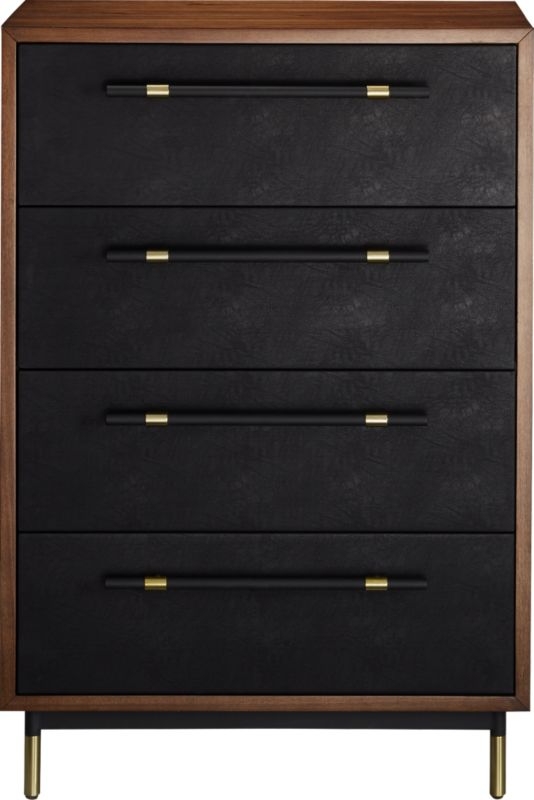 Oberlin Tall 4-Drawer Black Leather and Wood Dresser - Image 1