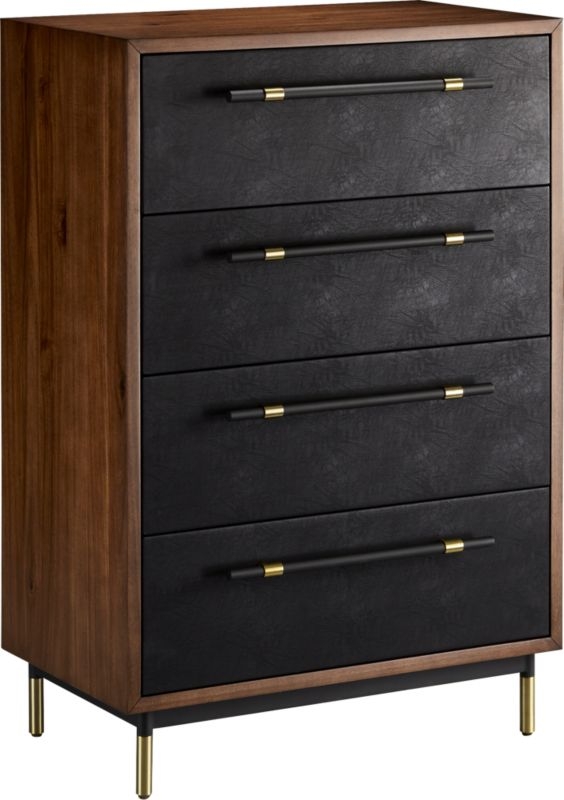 Oberlin Tall 4-Drawer Black Leather and Wood Dresser - Image 2