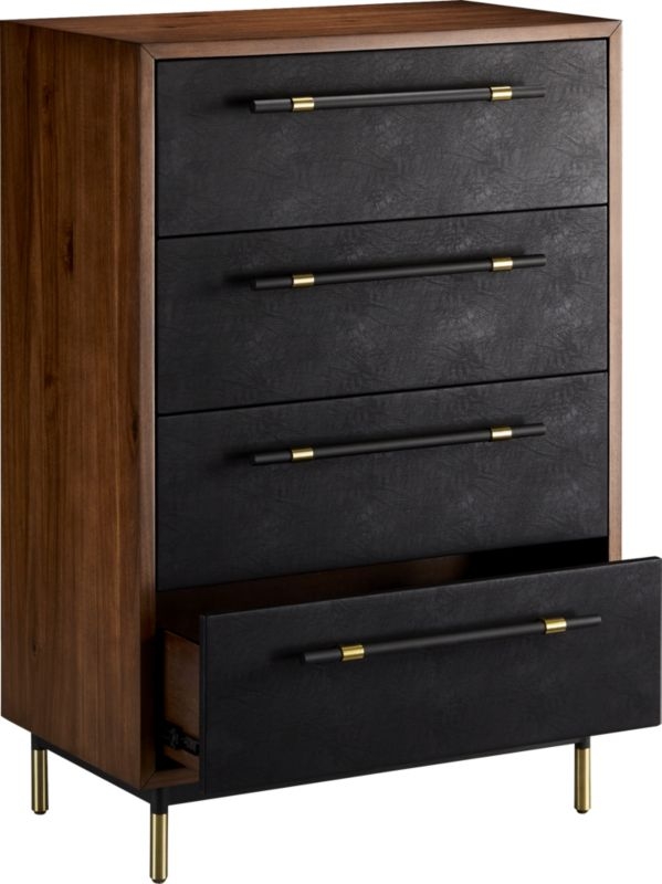Oberlin Tall 4-Drawer Black Leather and Wood Dresser - Image 3
