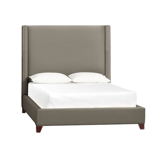 Harper Non-Tufted Upholstered Bed with Bronze Nailheads, King, Tall Headboard 65"h, Sunbrella(R) Performance Chenille Fog - Image 0