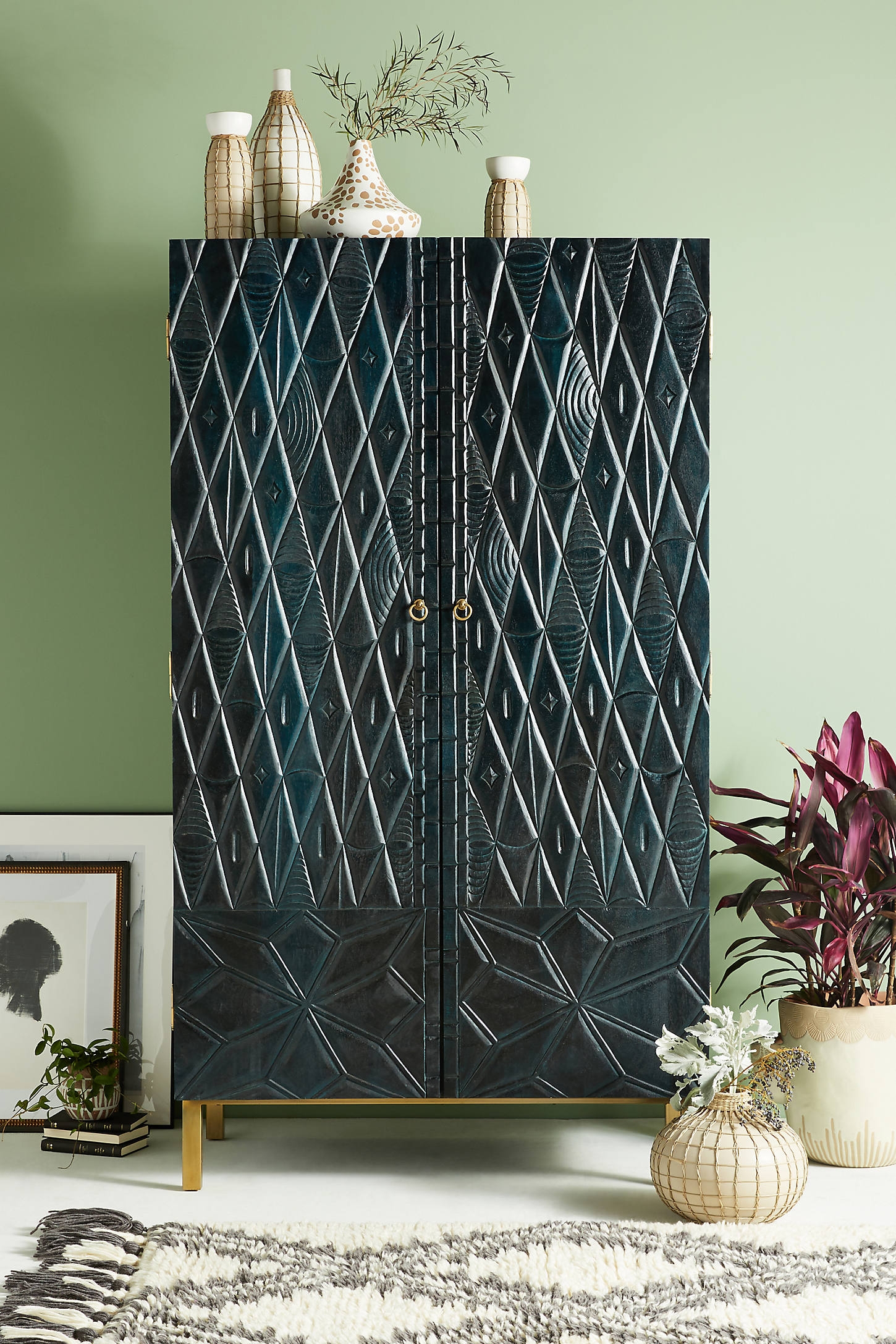 Portland Carved Armoire By Anthropologie in Blue - Image 0