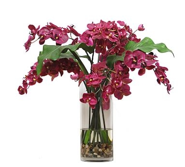 Faux Phalaenopsis Orchid in Slim Cylinder Vase, Fuchsia - Image 1