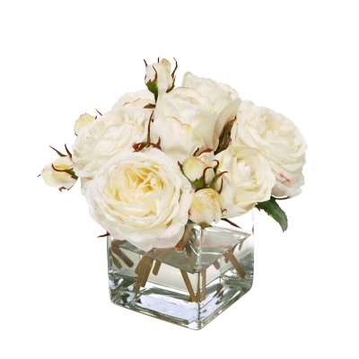 Faux White Roses Arrangement in Glass Vase - Image 0