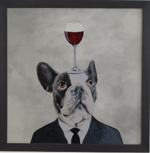 Bulldog with wine glass - black frame artwork - 30"x30" - Image 0