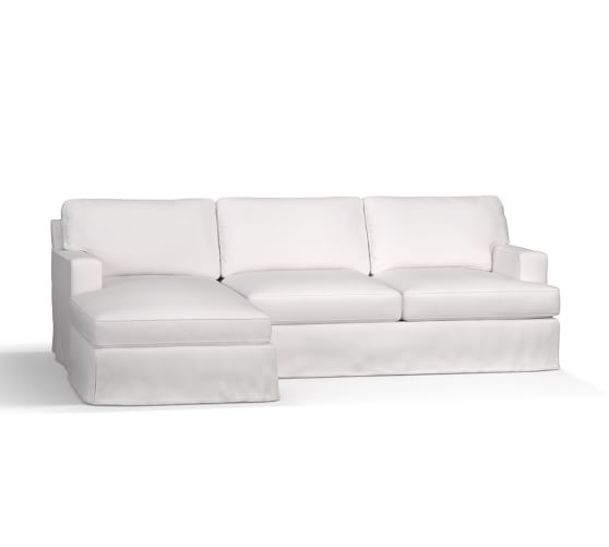 Townsend Square Arm Slipcovered Right Chaise Sofa Sectional, Polyester Wrapped Cushions, Twill White - Image 1