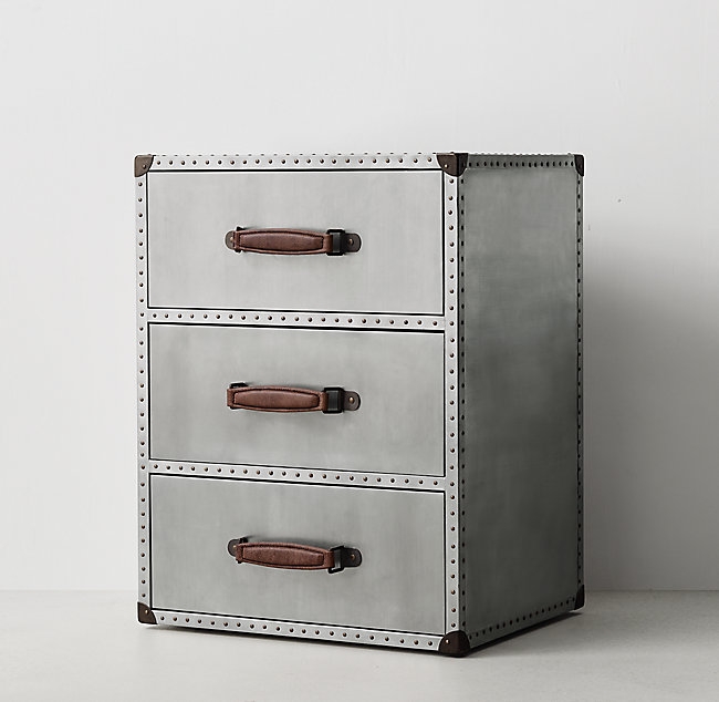 RIVETED ALUMINUM TRUNK 3-DRAWER NIGHTSTAND - Image 1