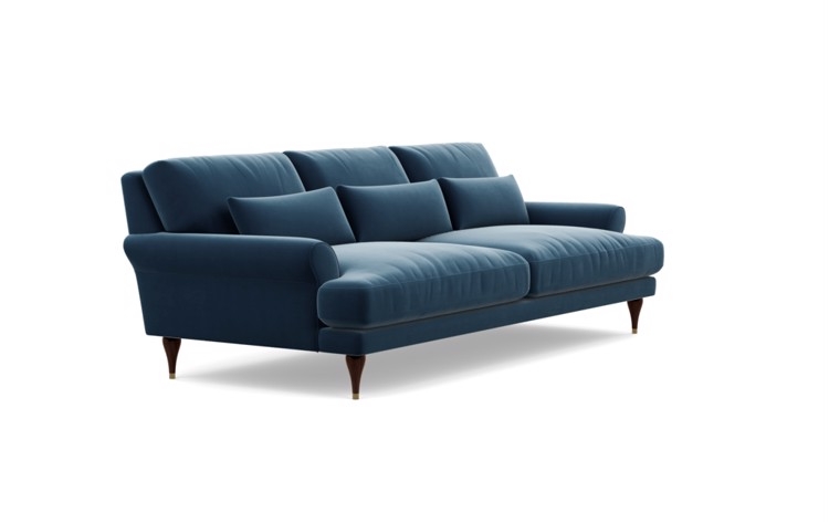 Maxwell Sofa in Sapphire Fabric with Oiled Walnut with Brass Cap legs - Image 1
