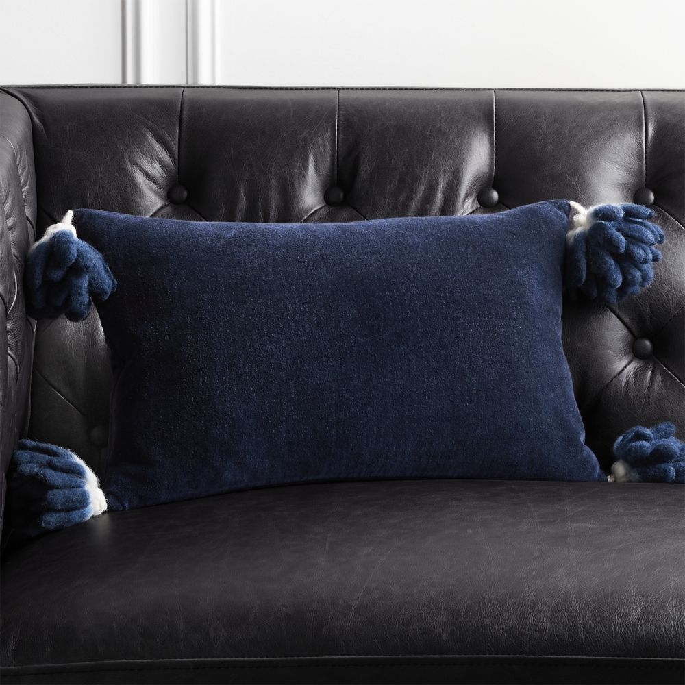 "18""x12"" Bia Tassel Navy Blue Velvet Pillow with Down-Alternative Insert" - Image 0
