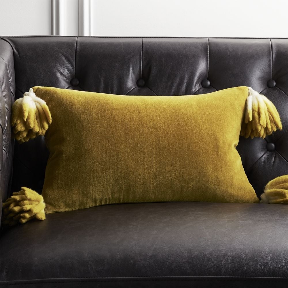 18"x12" Bia Tassel Mustard Velvet Pillow with Feather-Down Insert - Image 1