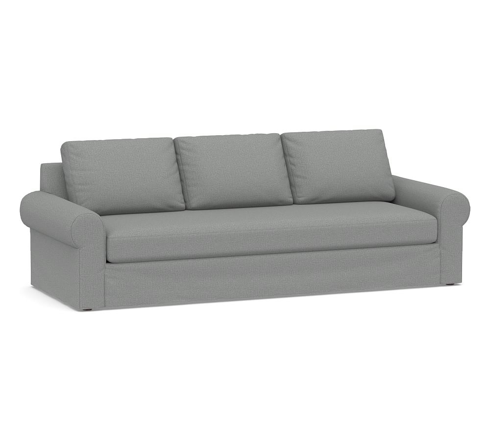 Big Sur Roll Arm Slipcovered Grand Sofa 106" with Bench Cushion, Down Blend Wrapped Cushions, Performance Brushed Basketweave Chambray - Image 0