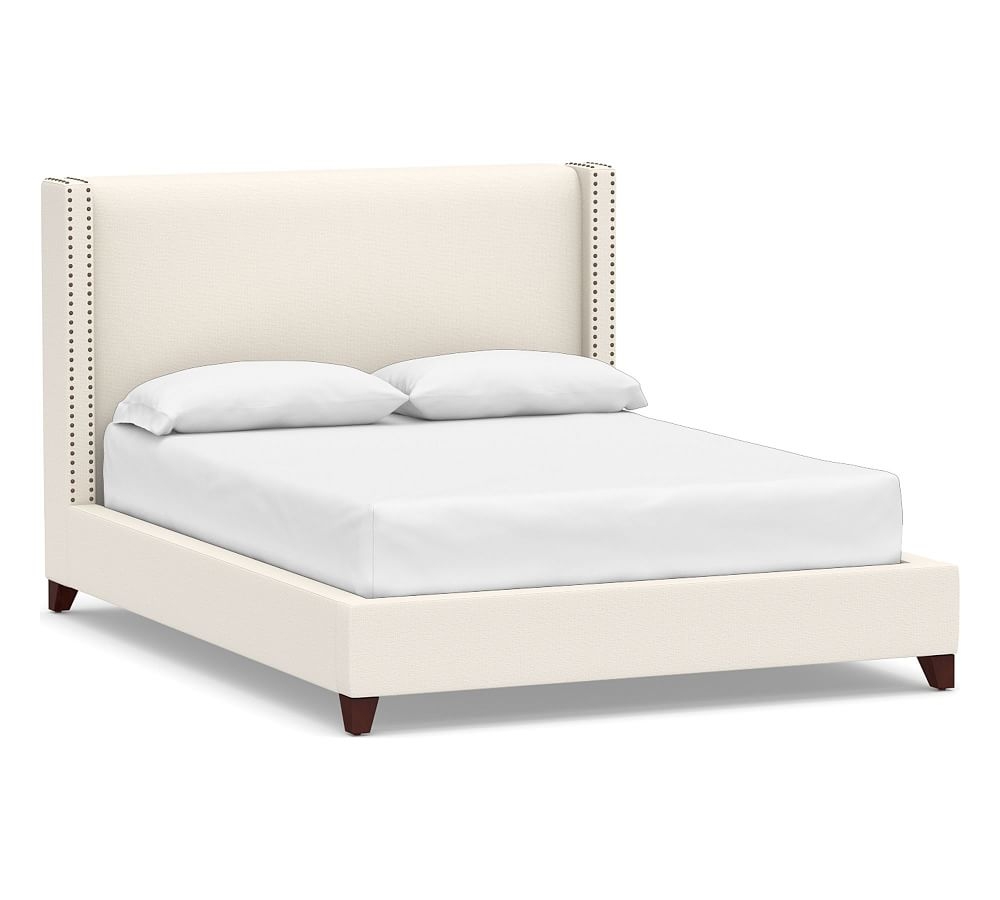 Harper Non-Tufted Upholstered Low Bed with Bronze Nailheads, Queen, Performance Chateau Basketweave Ivory - Image 0