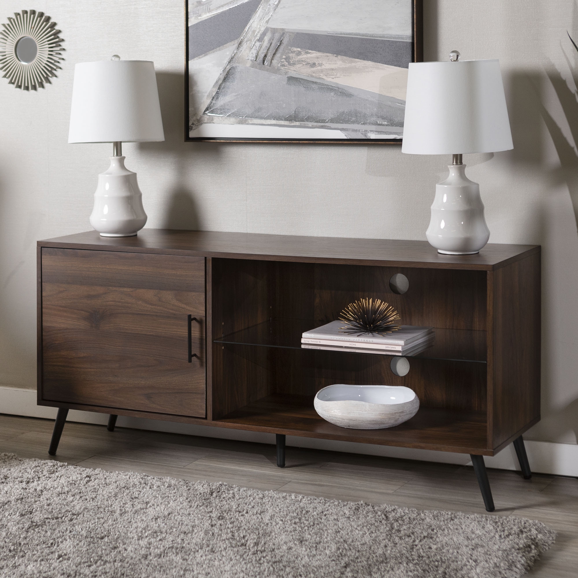 Nora 52" Mid Century Modern 1 Door Wood TV Stand - Dark Walnut - Image 0